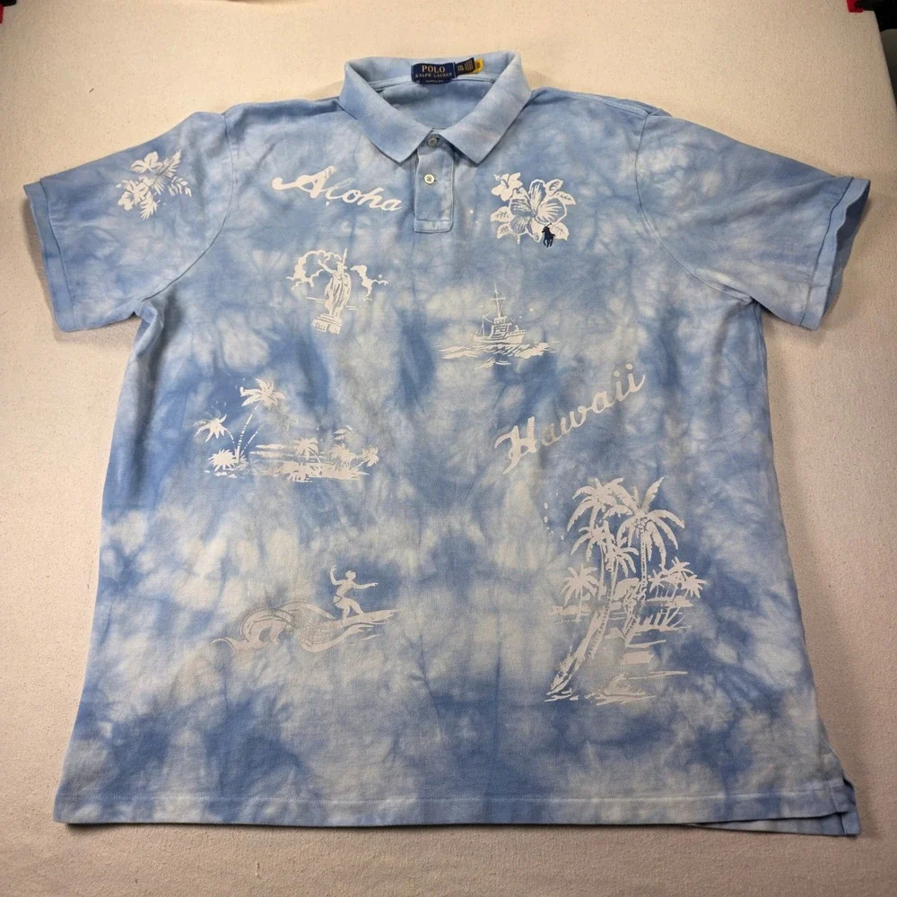 Polo Ralph Lauren Mens XXL Blue Tie Dye Aloha Hawaii Graphic Polo Shirt H567